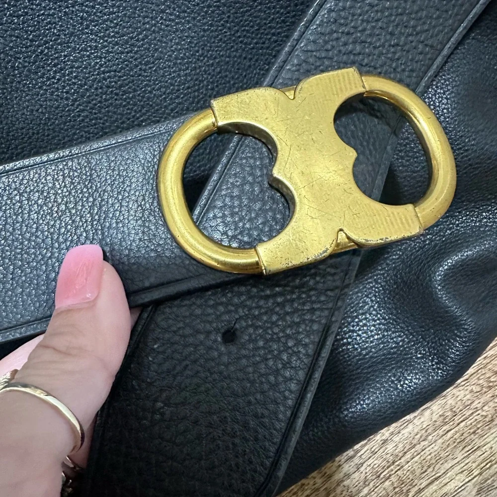 Tory Burch Black Gemini Link Belted Hobo Leather Shoulder Bag